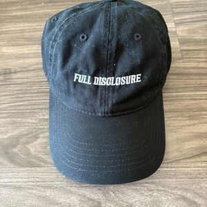 Black baseball hat with White 'FULL DISCLOSURE' Embroidery